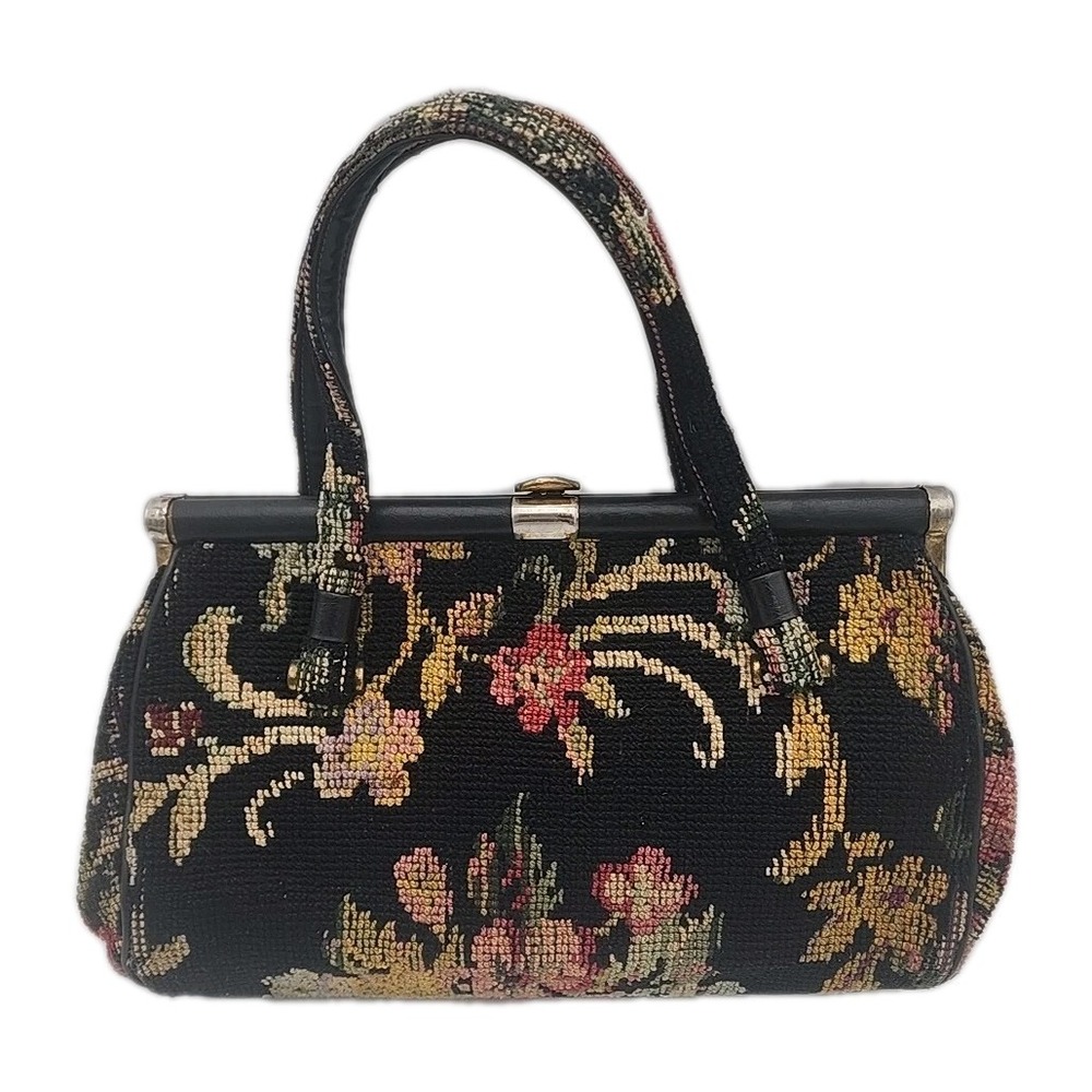 Vintage Needlepoint Black Floral Double Handle Tapestry Purse Carpet Bag